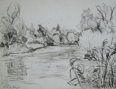 Konrad Sommer:  Ufer der Amper, 27.5.1948, Tusche, Feder, auf Papier, 28,5 x 22,0 cm, Sammlung Michael Gorkow