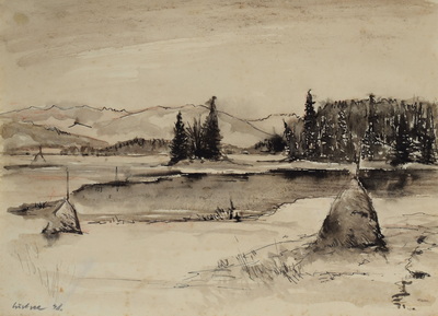 Konrad Sommer: Lustsee, 1948,  Tusche, Bleistift auf Papier, 22,5 x 31,0 cm