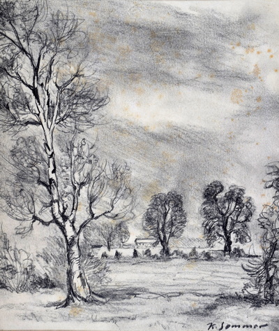 Konrad Sommer: Mooslandschaft mit Bäumen, um 1948, Bleistift auf Papier, 26,7 x 26,2 cm
