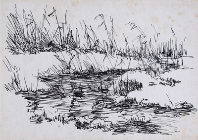 Konrad Sommer:  Kleiner Bach, um 1948, Tusche, Feder, auf Papier, 10,9 x 14,5 cm, Sammlung Michael Gorkow