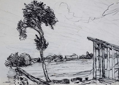 Konrad Sommer:  Dachauer Moos, um 1948, Tusche, Feder, auf Papier, 13,5 x 19,0 cm, Sammlung Michael Gorkow
