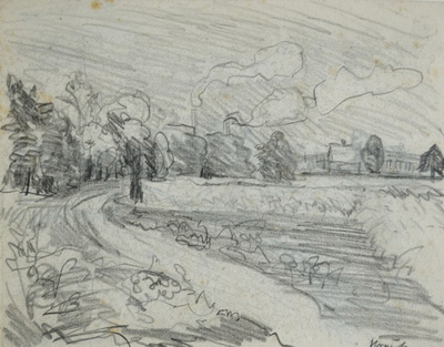 Konrad Sommer:  Flache Landschaft am Waldrand, um 1948, Bleistift auf Papier, 14,5 x 19,5 cm, Sammlung Michael Gorkow
