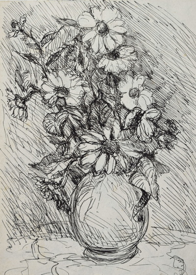 Konrad Sommer: Blumenstillleben, um 1948,  Tusche, Feder auf Papier, 22,0x 16,1 cm