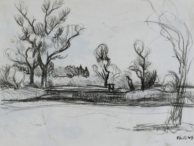 Konrad Sommer:  Mooslandschaft, um 1948, Kohle auf Papier, 20,0 x 26,5 cm, Sammlung Michael Gorkow