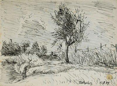 Konrad Sommer:  Badeplatz, 15.7.1949, Tusche, Feder auf Papier, 20,3 x 30,0 cm bez: u.r.: Badeplatz, Sammlung Michael Gorkow
