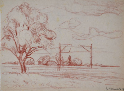 Konrad Sommer: bei Müllerstadt,  1949, Rötel, Bleistift auf Papier, 20,3 x 27,9 cm