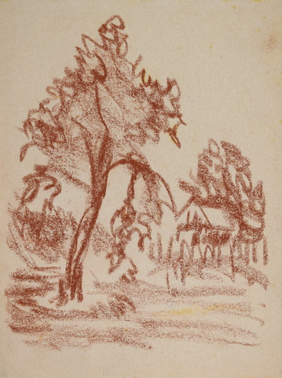 Konrad Sommer: Haus mit Bäumen, um 1949, Rötel auf Papier, 16,0 x 12,2 cm,  Sammlung Michael Gorkow