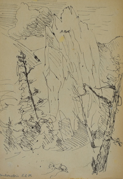 Konrad Sommer: Plankenstein, 5.3.1950, Tusche, Rohrfeder auf Papier, 28,2 x 19,8 cm, bez.u.l.: Plankenstein 5.3.50., Sammlung Michael Gorkow Berlin