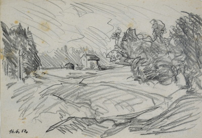 Konrad Sommer: Landschaft mit einem Haus, 16.6.1950, Bleistift auf Papier, 13,5 x 19,5 cm, bez.u.l.:  16.6.50., Sammlung Michael Gorkow Berlin