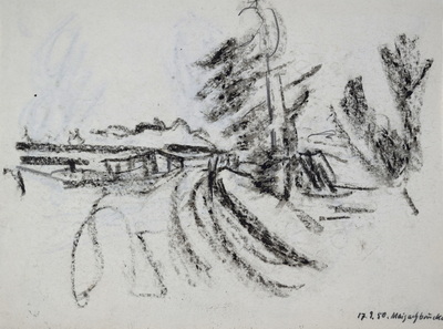 Konrad Sommer: Maisachbrücke, 17.9.1950, Kohle auf Papier, 20,5 x 27,6 cm, bez.u.r.: 17.9.50 Maisachbrücke
