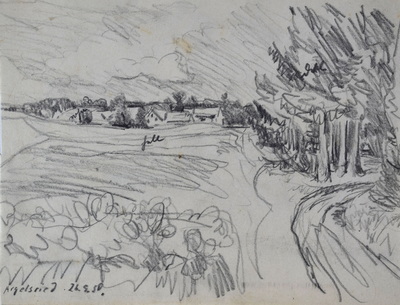 Konrad Sommer: Argelsried, 26.5.1950, Bleistift auf Papier, 20,5 x 26,8 cm, bez.u.l. Argelsried 26.5.1950