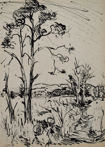 Konrad Sommer: Landschaft mit Bäumen, 15.10.1950, Tusche, Rohrfeder, Beistift auf Papier, 28,8 x 20,2 cm, bez:u.l.: 15.10.50