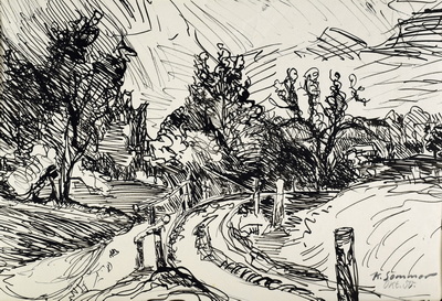 Konrad Sommer:  Weg mit Bäumen, Oktober 1950, Tusche, Rohrfeder auf Papier, 28,8 x 38,8 cm, Rs u.r.bez: K.Sommer, Okt. 50