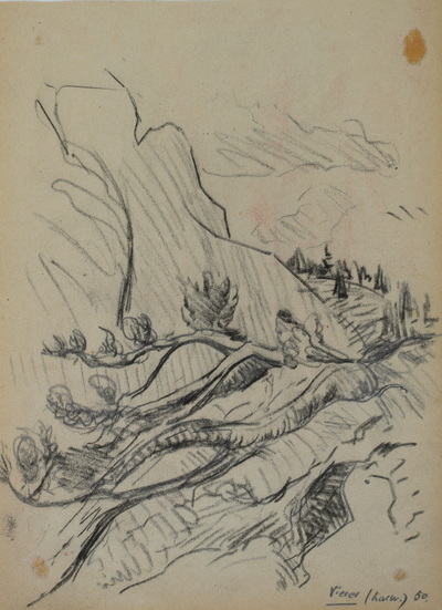 Konrad Sommer: Vierer Karwendel, 1950, Kohle, Bleistift auf Papier, 26,8 x 21,2 cm, bez.u.r.: Vierer (Karw.) 50., Sammlung Michael Gorkow Berlin