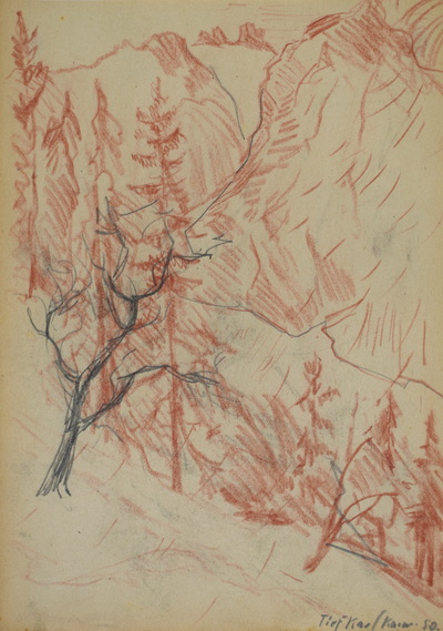 Konrad Sommer: TiefKar Karwendel, 1950, Rötel, Bleistift auf Papier, 28,0 x 19,7 cm, bez.u.r.: TiefKar Karw. 50., Sammlung Michael Gorkow Berlin