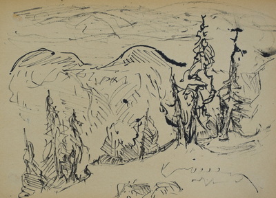 Konrad Sommer: Berghang mit Bäumen, um 1950, Tusche, Rohrfeder auf Papier, 19,7 x 27,5 cm, Sammlung Michael Gorkow Berlin