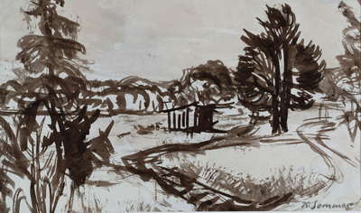 Konrad Sommer:  Torfhütte im Dachauer Moos, um 1950, Tusche, Rohrfeder auf Papier, 20,0 x 30,5 cm, sign. u.r.: K.Sommer, Sammlung Michael Gorkow Berlin