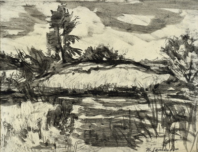 Konrad Sommer:  Landschaft mit flachem Hügel, um 1950, Tusche, Bleistift auf Papier, 21,72 x 31,1 cm