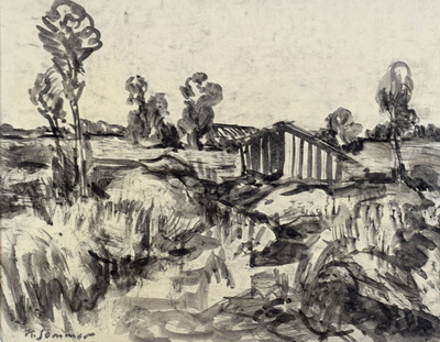 Konrad Sommer:  Dachauer Moos, um 1950, Tusche auf Papier, 22,2 x 31,0 cm