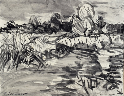 Konrad Sommer: Landschaft mit Bäumen, um 1950, Tusche auf Papier, 22,2 x 31,2 cm, bez.u.l.: K. Sommer