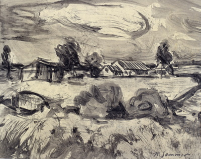 Konrad Sommer: Dachauer Moos mit Häusern, um 1950, Tusche auf Papier, 22,2 x 31,2 cm, bez.u.r. K. Sommer