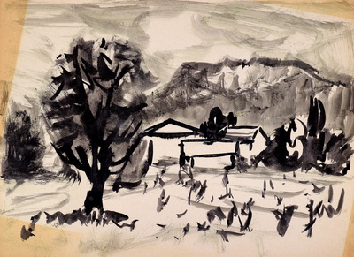 Konrad Sommer:  Weiler vor einem Berg, um 1950, Tusche auf Papier, 23,0 x 32,0 cm