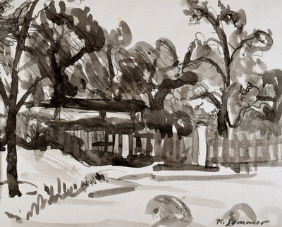 Konrad Sommer: Garten mit Zaun, um 1950, Tusche auf Papier, 23,5 x 27,5 cm, bez.u.r.: K. Sommer