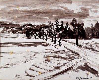 Konrad Sommer: Baumallee, um 1950, Tusche auf Papier, 23,5 x 31,0 cm, bez.u.r. K. Sommer