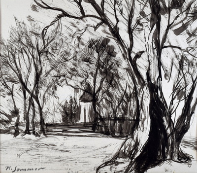 Konrad Sommer:  Bäume mit einem Turm, um 1950, Tusche auf Papier, 25,8 x 31,0 cm, bez.u.l.: K. Sommer