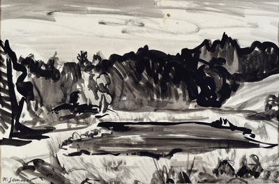Konrad Sommer: Weiher an einem Wald, um 1950, Tusche auf Papier, 25,8 x 39,5 cm, bez.u.l.: K.Sommer