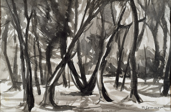 Konrad Sommer, Dachauer Moos, 1946, Tusche, Feder auf Transparentpapier, 20,1 x 25,1 cm, bez. u.r.: K. Sommer 46