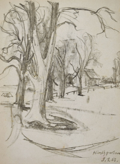 Konrad Sommer:  Hirschgarten, 8.1.1951, Bleistift auf Papier, 27,0 x 20,2 cm, bez.u.r.:Hirschgarten 8.1.51.