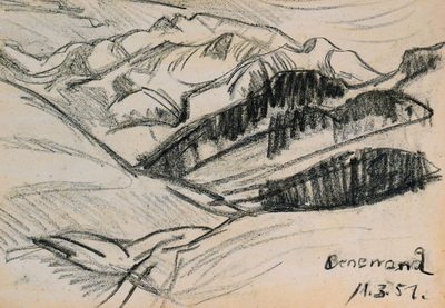 Konrad Sommer: Benediktenwand, 11.3.1951, Kohle auf Papier, 19,8 x 28,2 cm, bez.u.r.: Benewand 11.3.51.