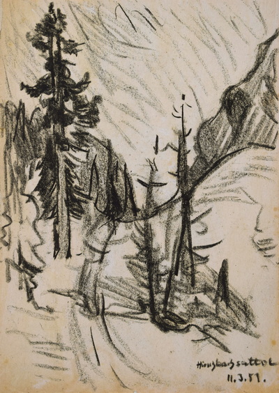 Konrad Sommer:  Hirschbachsattel, 11.3.1951, Kohle auf Papier, 28,5 x 20,5 cm, bez.u.r.: Hirschbachsattel 11.3.51.