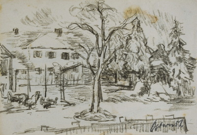 Konrad Sommer, Haus mit Garten, April 1951, Kohle, Bleistift auf Papier, 13,5 x 19,5 cm, bez.u.r.: Ostern 51., Sammlung Michael Gorkow 