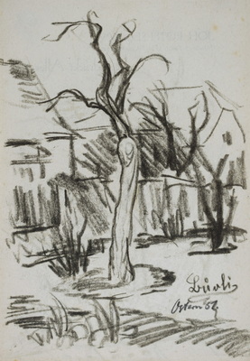 Konrad Sommer, Haus mit Garten, April 1951, Kohle, Bleistift auf Papier, 19,5 x 13,5 cm, bez.u.r.: Lürli Ostern 51., Sammlung Michael Gorkow 