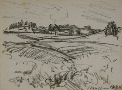 Konrad Sommer: Hausen, 14.07.1951, Kohle, Bleistift auf Papier, 12,2 x 16,2 cm, bez. u.r.: Hausen 14.7.51., Sammlung Michael Gorkow 