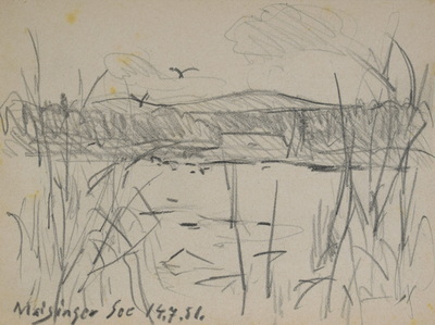 Konrad Sommer: Maisinger See, 14.07.1951, Bleistift auf Papier, 12,2 x 16,3 cm, bez. u.r.:b. Hadorf b. Perchting 14.7.51., Sammlung Michael Gorkowbez. u.l.:  Maisinger See 14.7.51., Sammlung Michael Gorkow 