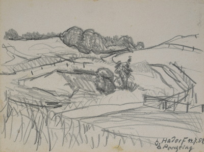 Konrad Sommer: Bei Hadorf und Perchting, 14.07.1951, Bleistift auf Papier, 12,2 x 16,3 cm, bez. u.r.:b. Hadorf b. Perchting 14.7.51., Sammlung Michael Gorkow 