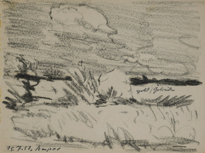 Konrad Sommer: Amper, 15.07.1951, Kohle, Bleistift auf Papier, 12,2 x 16,3 cm, bez. u.l.: 15.7.51., Amper, Sammlung Michael Gorkow 