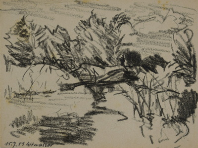 Konrad Sommer: Altwasser, 15.07.1951, Kohle, Bleistift auf Papier, 12,2 x 16,5 cm, bez. u.l.: 15.7.51., Altwasser, Sammlung Michael Gorkow 