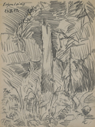 Konrad Sommer: Eschenleine, 23.7.1951,  Bleistift auf Papier, 16,3 x 12,2 cm, bez. o.l.: Eschenleine 23.7.51., Sammlung Michael Gorkow 