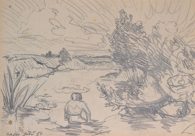 Konrad Sommer:  Antonie Sommer an der Amper, Juli 1951, Bleistift auf Papier; bez. u.r.: Amper Juli 51. 