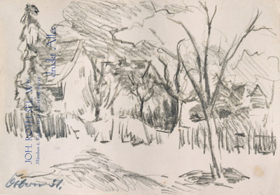 Konrad Sommer:  Häuser in München-Moosach, Ostern 1951, Kohle auf Papier, 13,4 x 19,4 cm, bez.u.l.: Ostern 51.