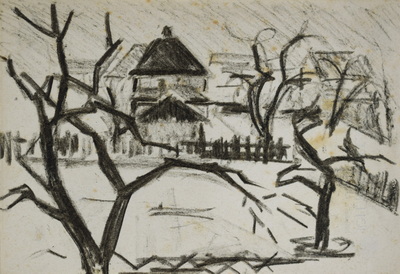 Konrad Sommer:  Häuser in München-Moosach, um 1951, Kohle auf Papier, 13,5 x 19,5 cm,  Sammlung Michael Gorkow 