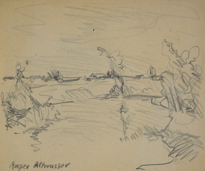 Konrad Sommer:  Amper Altwasser, um 1951, Bleistift auf Papier, 15,1 x 18,0 cm, bez. u.l.: Amper Altwasser, Sammlung Michael Gorkow 