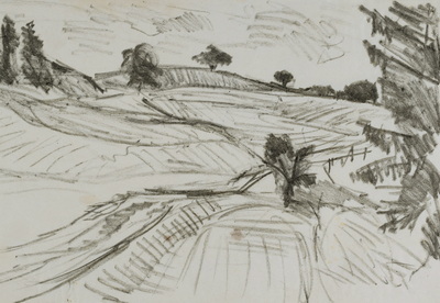 Konrad Sommer:  Hügelige Landschaft, um 1951, Kohle auf Papier, 20,3 x 29,3 cm,  Sammlung Michael Gorkow 