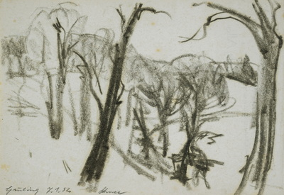 Konrad Sommer:  Gauting Schnee, 7.1.1952, Kohle, Bleistift auf Papier, 13,5 x 19,5 cm, bez u.l.: Gauting 7.1.52. Schnee,  Sammlung Michael Gorkow 
