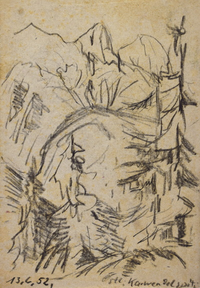 Konrad Sommer:  Östliche Karwendelspitze, 13.6.1952, Bleistift auf Papier, 24,9 x 17,0 cm, bez.u.l.: 13.6.51., u.r.: Östliche Karwendelspitz