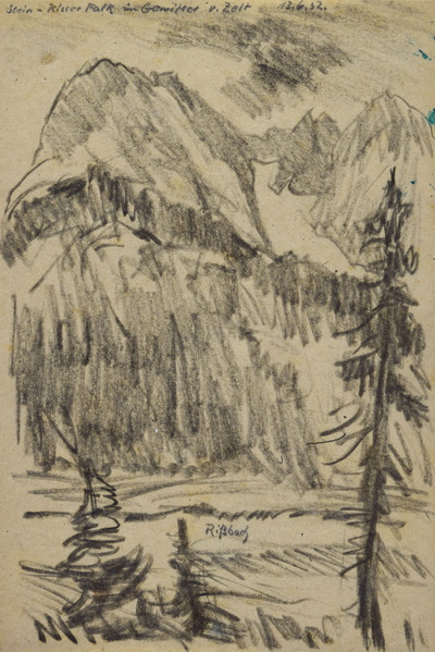 Konrad Sommer:  Stein Risser Falk im Gewitter vom Zelt, 13.6.1952, Bleistift auf Papier; bez. o.l.: Stein Risser Falk im Gewitter vom Zelt 13.6.1951 